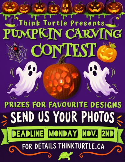 Pumpkin carving contest announcement with prizes and photo submissions.