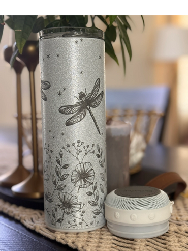 20 oz Skinny Tumbler with Bluetooth Speaker that attaches bottom of cup.