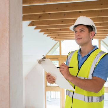 Male home inspector wearing a yellow safety vest looking at a home under construction.