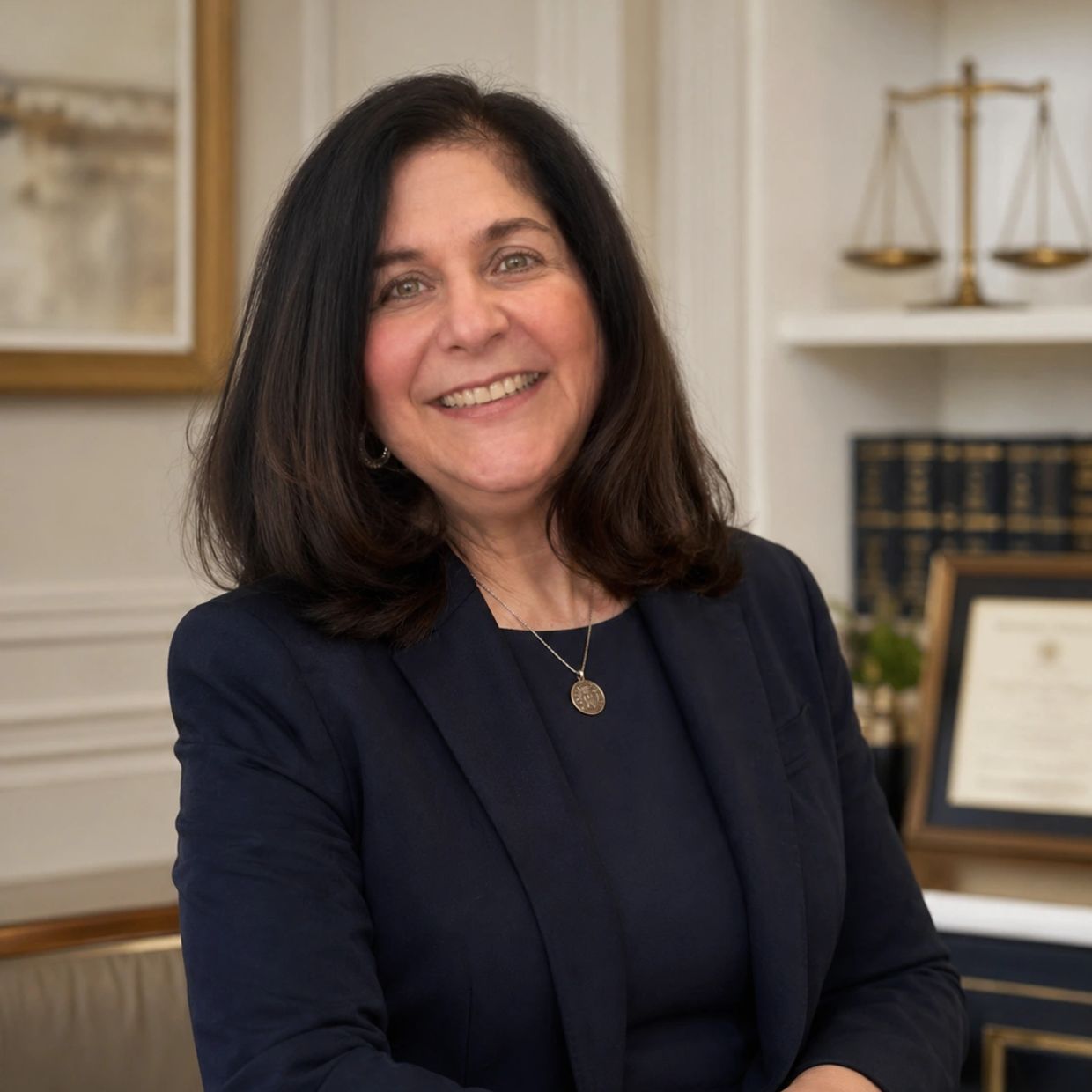 Smiling woman in professional attire with legal books and scales in background.