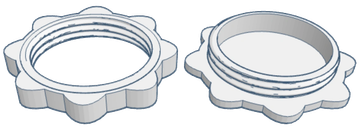 Two gear-shaped threaded caps.