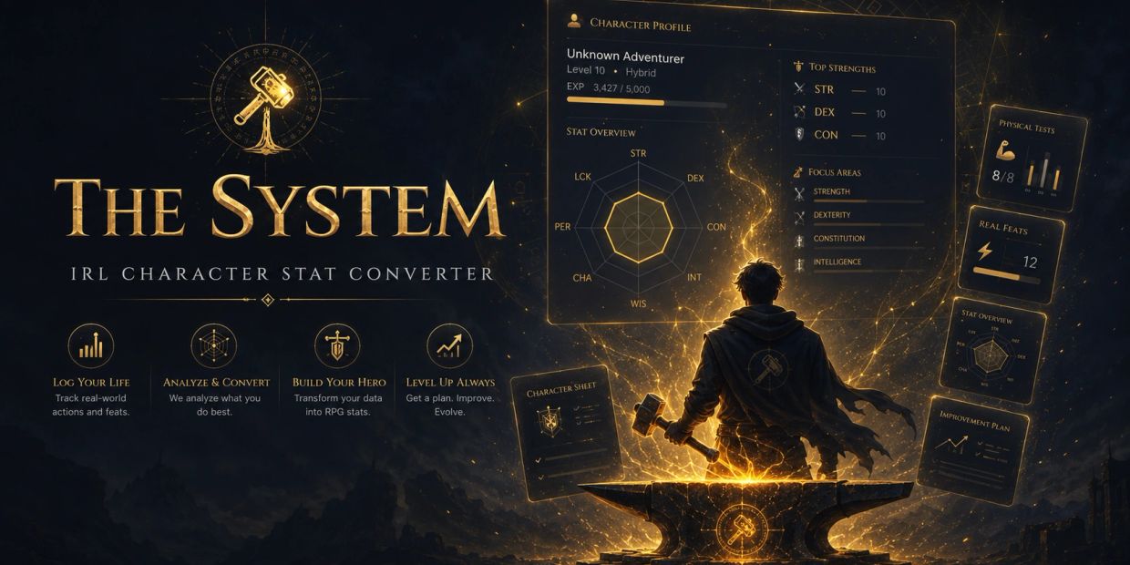 Fantasy-themed IRL character stat converter called The System with RPG elements and a glowing anvil.