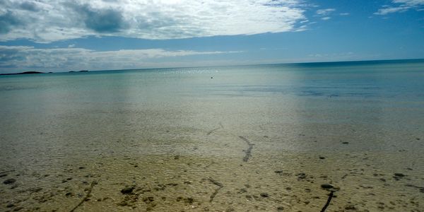 Clear shallow sea water under a partly cloudy sky.