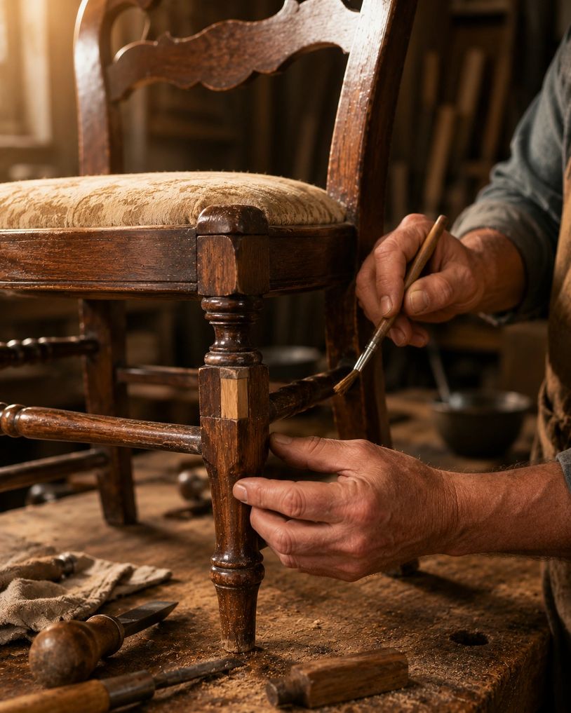 Restoring an antique wooden chair with a paintbrush.