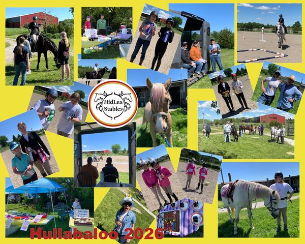 Collage of horse riding and event photos at HidLea Stables Hullabaloo 2026.