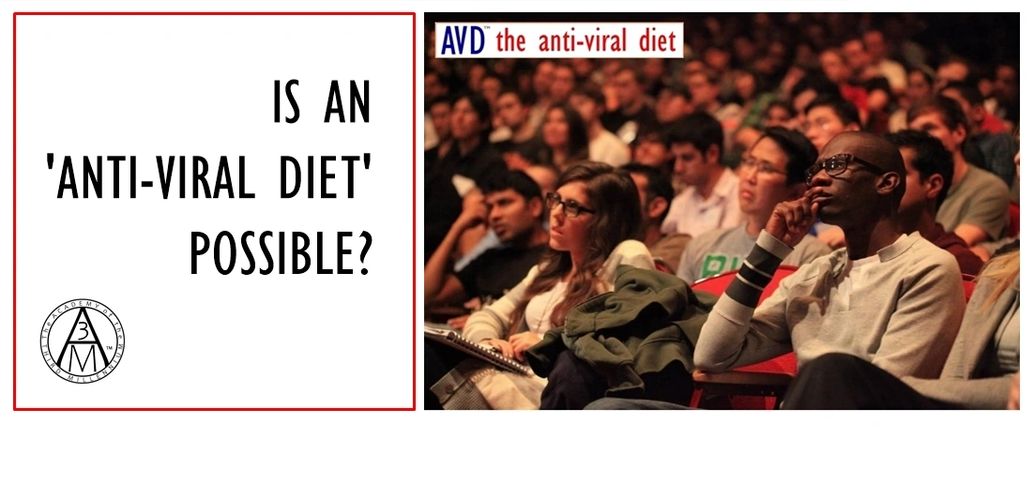 Question 'Is an Anti-Viral Diet' possible with color image of audience listening to a talk about it.