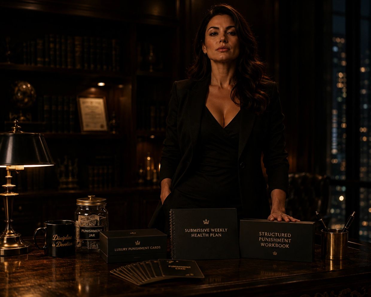 Woman in black blazer behind desk with punishment-themed items.