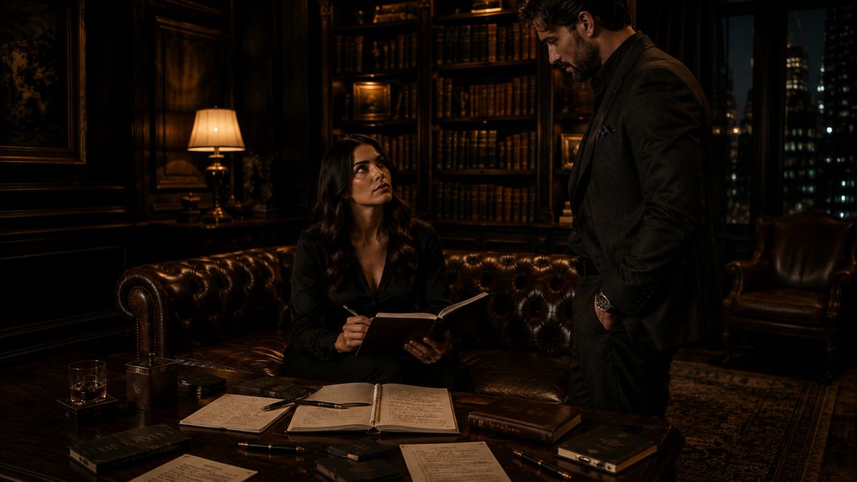 Two people in a dimly lit study with books and notes.