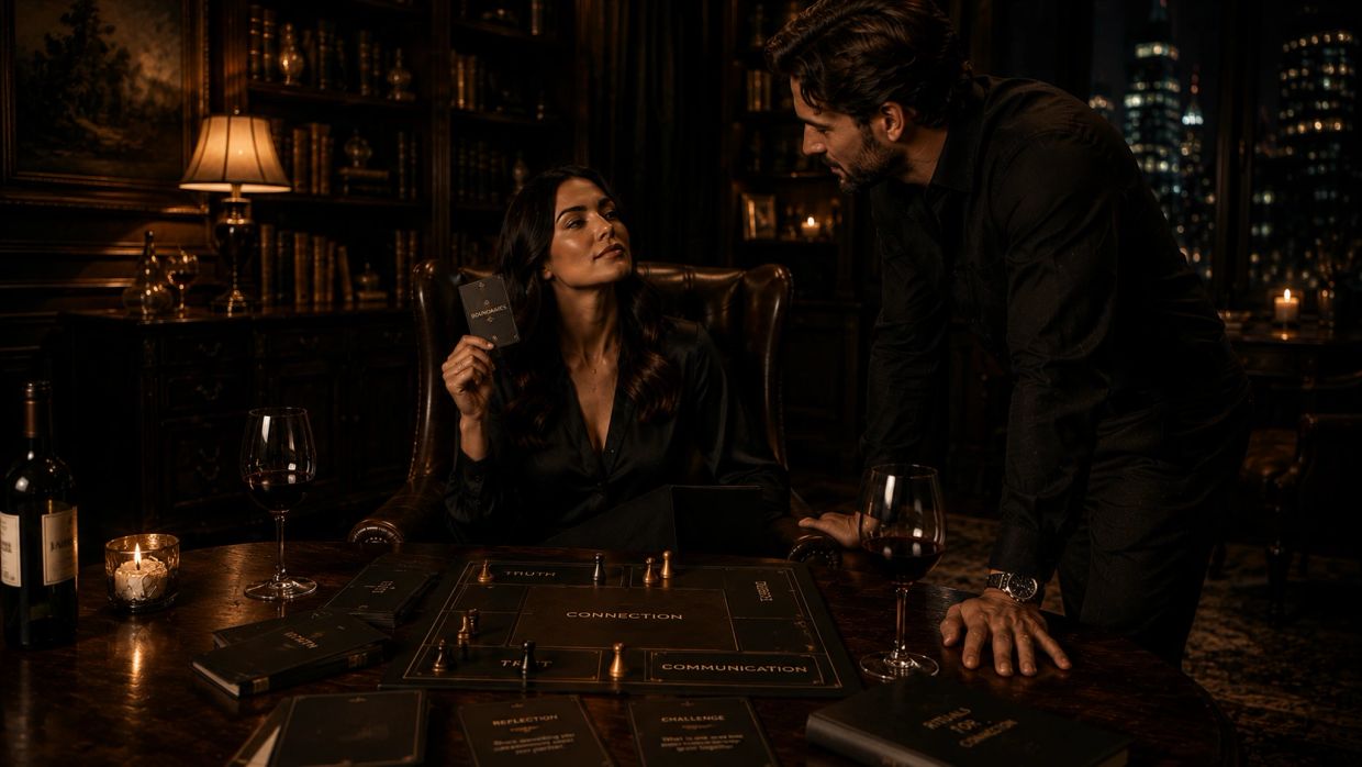 Couple playing a board game in a dimly lit room with wine.