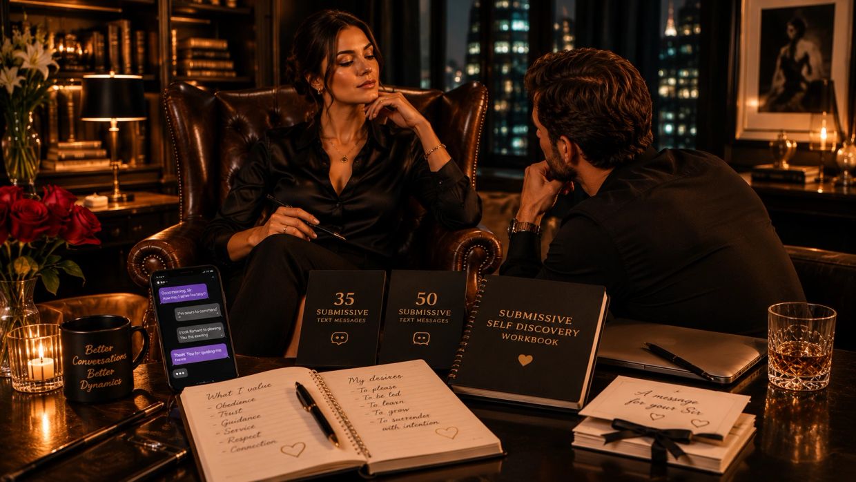 A man and woman in a dimly lit room with books and notes about submission.