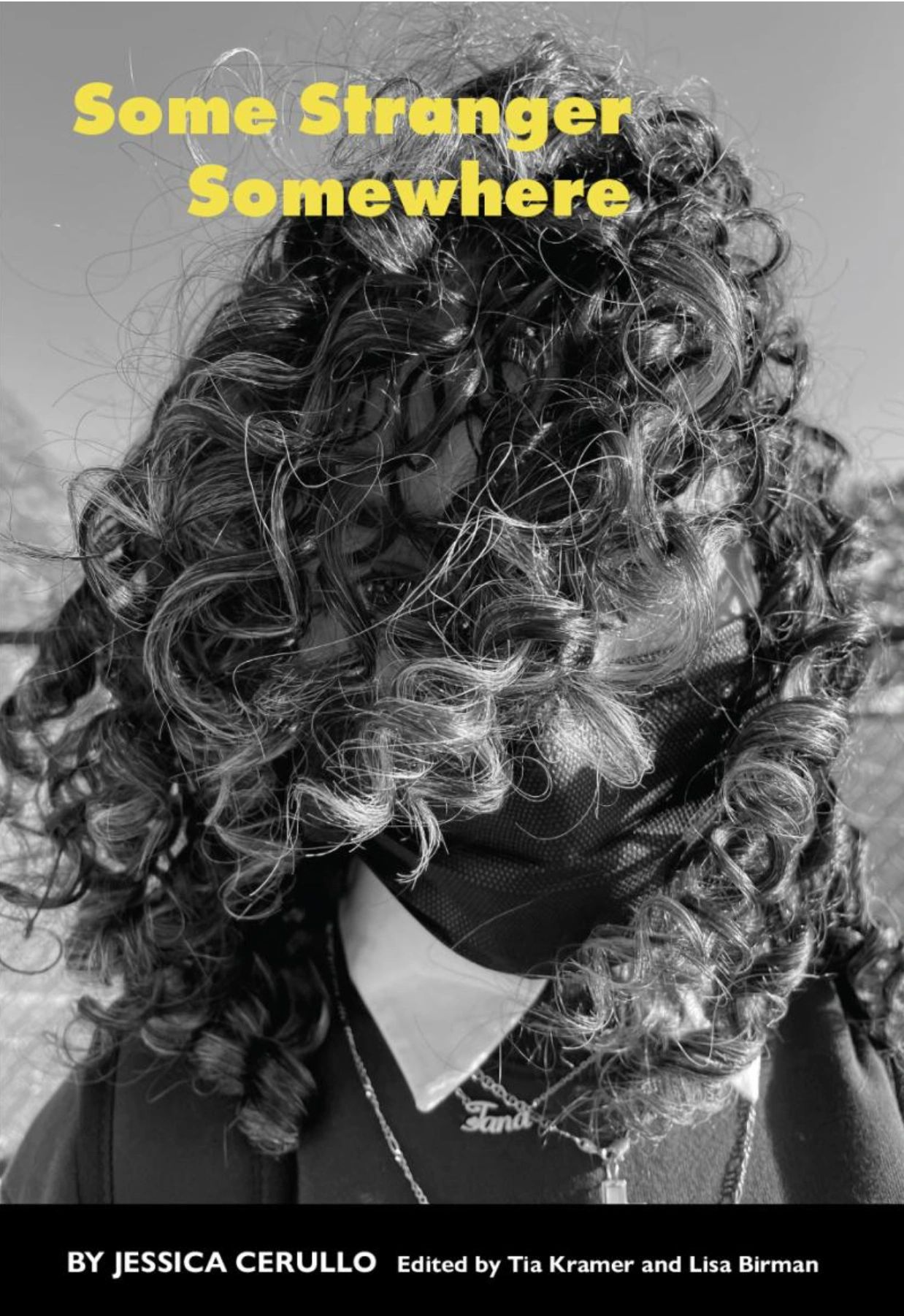 Book cover of Some Stranger Somewhere by Jessica Cerullo with a curly haired woman wearing a mask.