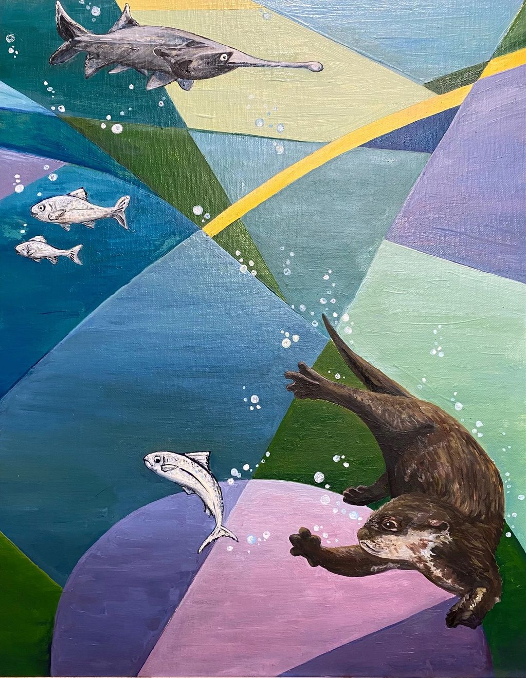 River Yellowstone. Painting. River Otter.
Paddlefsh