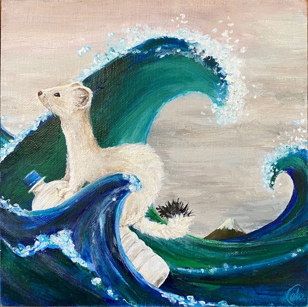 Inspired by the Great Wave by Hokusai
Ermine riding a plastic bottle in the ocean.