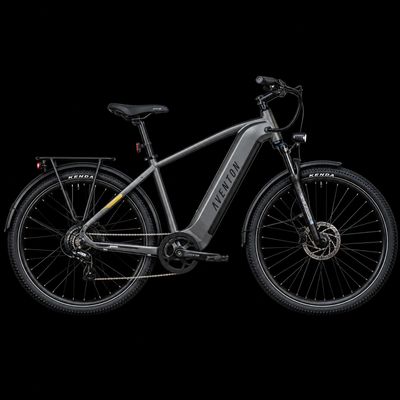 Sleek gray Aventon electric bike against black background.