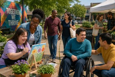 People with disabilities and friends enjoying outdoor art and socializing at a community event.