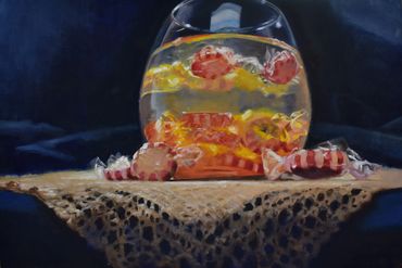 peppermint, doily, mint, drink, glass, depression, still life, contemporary realism, oil, art