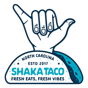 Logo with a shaka hand and a taco for Shakataco, North Carolina.