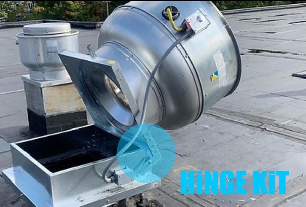 A rooftop ventilation fan with an open hinge kit.