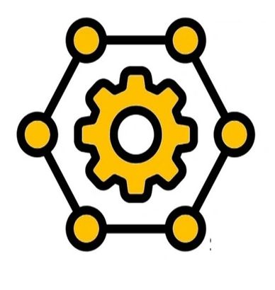 Hexagonal network with a central yellow gear icon.