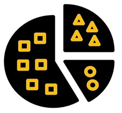 Black pie chart with yellow geometric shapes in each segment.