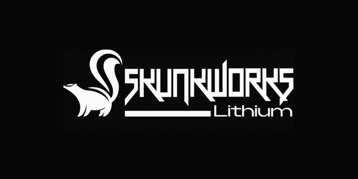Black and white logo for Skunkworks Lithium with a stylized skunk graphic.