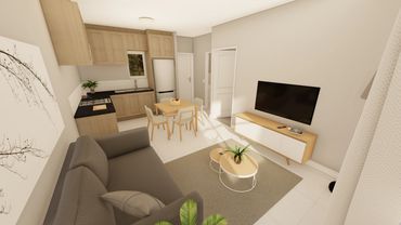 Type A Unit Lounge Render Wood Finish