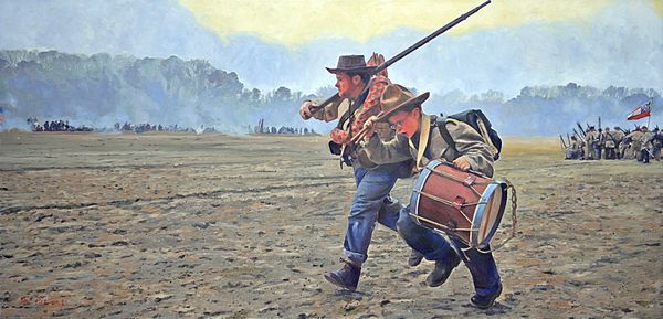 Oil painting depicting a Confederate soldier and drummer boy fleeing from harm during a battle.