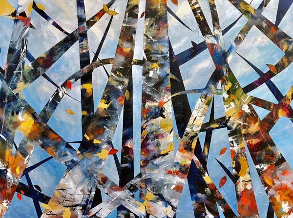 "Fall Fractals" is a color rich painting from the "Into the Trees" collection by artist Cam Cline.