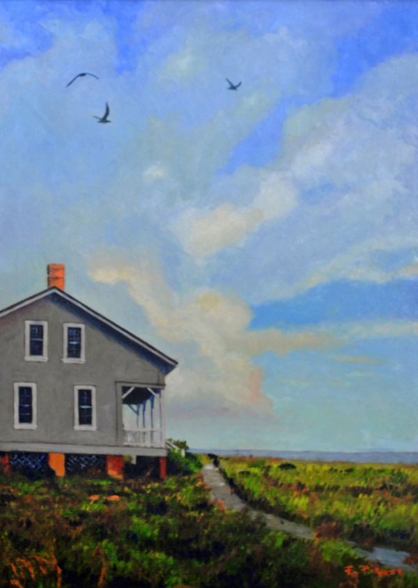 Oil painting depicting one of Captain Charlie's cottages at Bald Head Island in North Carolina.