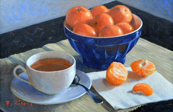 Oil painting still life depicting a cup of hot tea alongside a bowl of clementines.