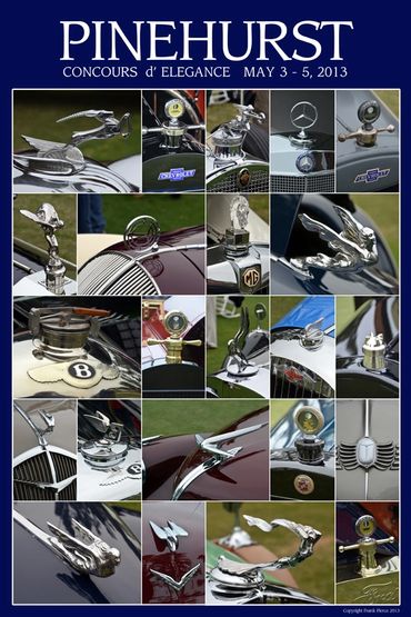 Poster for Pinehurst Concours 2013 depicting a variety of hood ornaments from show cars.