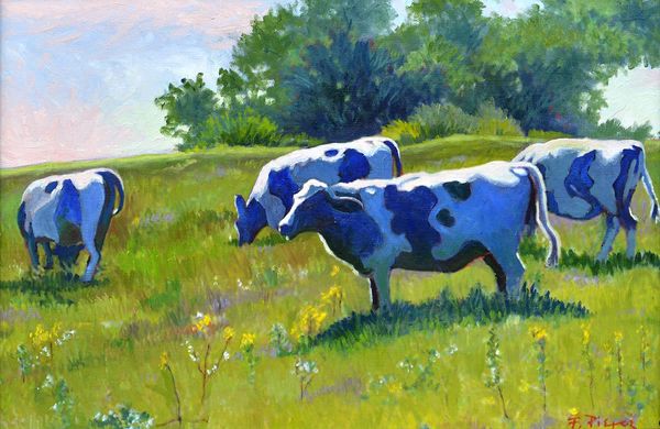 An oil painting of cows in the Mourne Mountains of Northern Ireland.