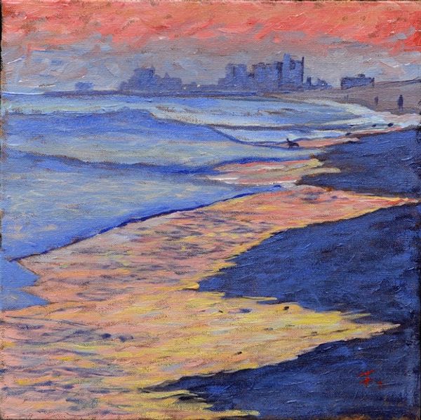 Oil painting of sunset overlooking Myrtle Beach, South Carolina.