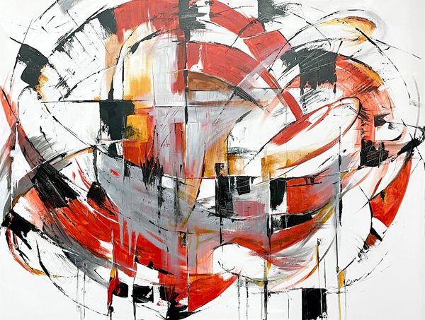 Abstract painting in circular pattern of blacks, reds and yellows on a white background.