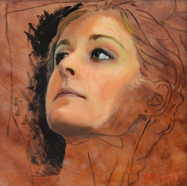 Portraitoa young woman in a style that leaves a portion of the portrait unfinished.