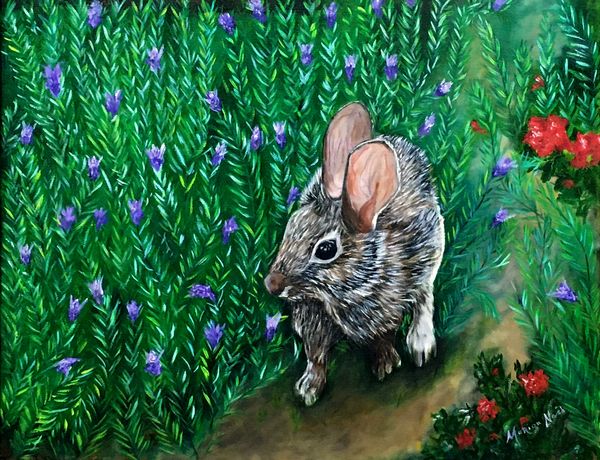 "Lapin en Lavende", oil painting by Marion Nash of a wild rabbit hopping through a lavender patch.