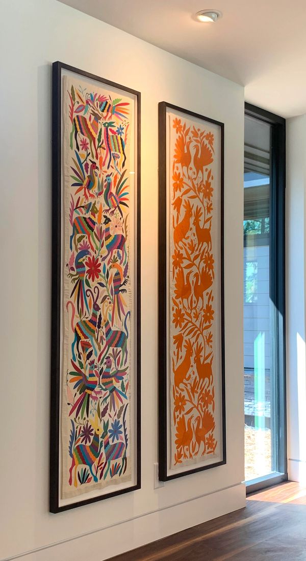Oversized framing with Tru-Vue Conservation Clear Acrylic for 2 Mexican embroidery runners