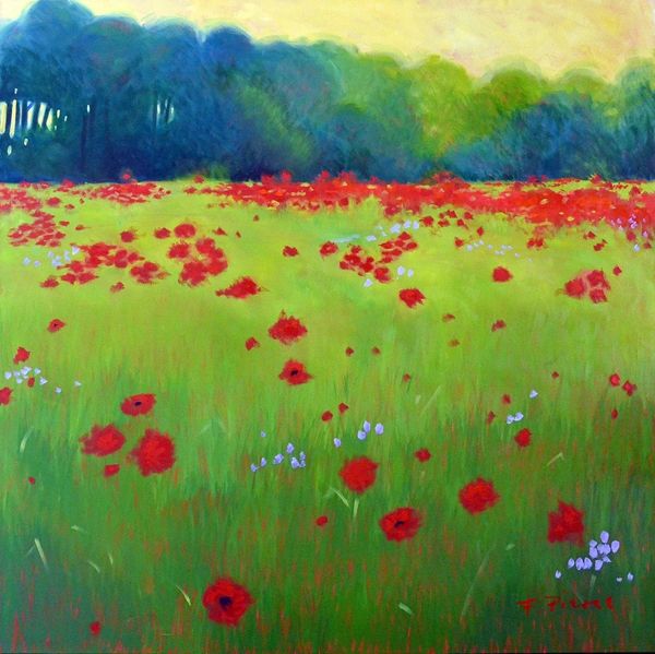 Oil painting of a field of red poppies.