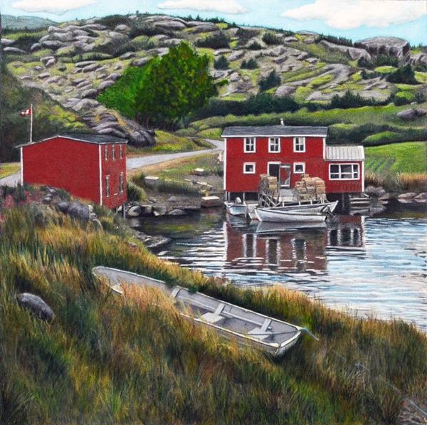 Colored pencil and watercolor artwork of fishing stages in Salvage, Newfoundland.