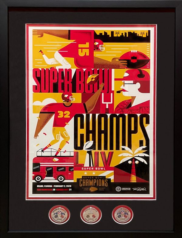 Custom framed Super Bowl LIV poster with mounted coins.