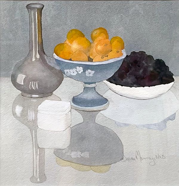 Watercolor painting of a still life depicting bowls of clementines and berries alongside a bottle.