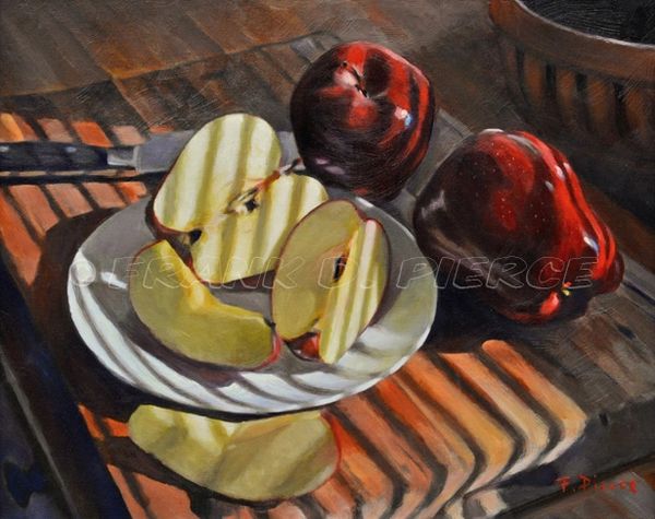 Oil painting of several Red Delicious apples sliced up on a plate which sits on a cutting board.