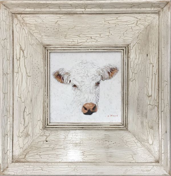 Painting of a white calf framed in our in house hand built weathered moulding.