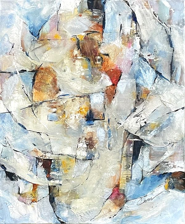 abstract painting in white, gray and black with accents of red, yellow and blue