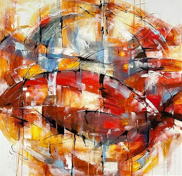 A highly textured abstract acrylic painting using vibrant red, yellow, blue and white paints.