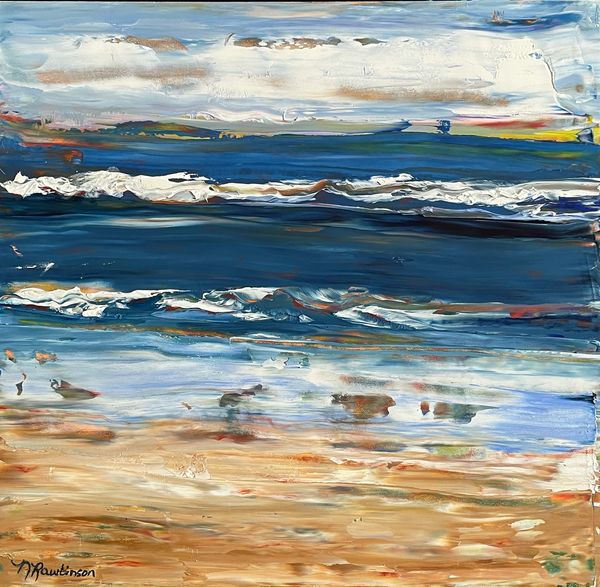 Oil and cold wax painting of a beach and waves in Florida.