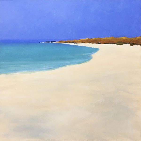 Painting of a deserted white sand beach.