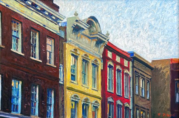 Impressionistic oil painting of the tops of building facades on King Street in Charleston, SC.
