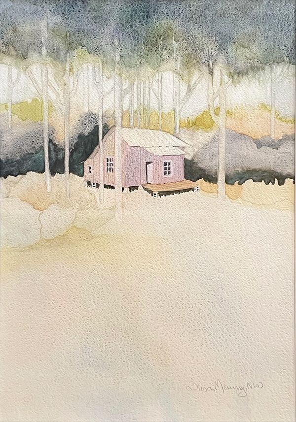 Watercolor painting of an old ramshackle house nestled into trees at the edge of the woods.