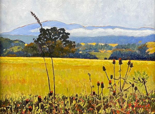 An impressionistic oil painting of the fog hovering over the Shenandoah Valley.